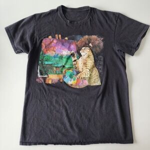 VTG‎ BOB ROSS Cat Shirt Adult Small Black Graphic Print Art Painting 37" Chest